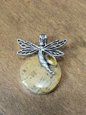 Silver Dragonfly Pendant Necklace with Yellow Stone